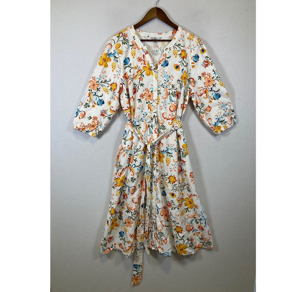 Cottagecore Croft & Barrow‎ Women XXL White Floral Cotton Button Tie Midi Dress